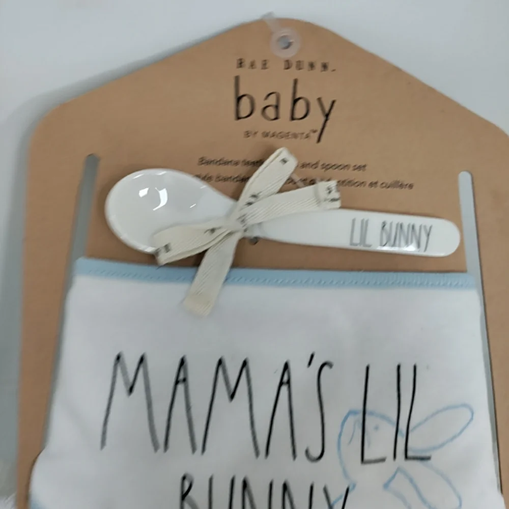Rae Dunn 2-Baby Bibs And Spoon set Cotton Bandana Style  NEW